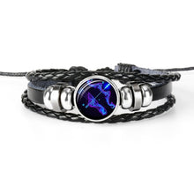 Lade das Bild in den Galerie-Viewer, Glaskuppelschmuck Sternzeichen Punk Schwarz geflochtenes Herren Lederarmband
