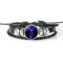 Lade das Bild in den Galerie-Viewer, Glaskuppelschmuck Sternzeichen Punk Schwarz geflochtenes Herren Lederarmband
