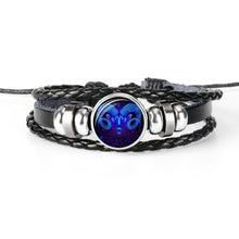 Lade das Bild in den Galerie-Viewer, Glaskuppelschmuck Sternzeichen Punk Schwarz geflochtenes Herren Lederarmband
