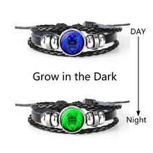 Lade das Bild in den Galerie-Viewer, Glaskuppelschmuck Sternzeichen Punk Schwarz geflochtenes Herren Lederarmband
