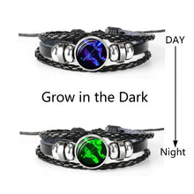 Lade das Bild in den Galerie-Viewer, Glaskuppelschmuck Sternzeichen Punk Schwarz geflochtenes Herren Lederarmband
