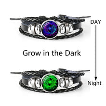 Lade das Bild in den Galerie-Viewer, Glaskuppelschmuck Sternzeichen Punk Schwarz geflochtenes Herren Lederarmband
