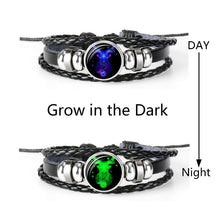 Lade das Bild in den Galerie-Viewer, Glaskuppelschmuck Sternzeichen Punk Schwarz geflochtenes Herren Lederarmband
