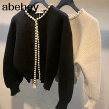 Lade das Bild in den Galerie-Viewer, Koreanische Stil Jacke Perle offene Klappe Fledermaus Ärmel Wolle gestrickt Damenjacke
