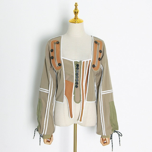 TTWTWINSTYLE Patchwork Kontrastfarbe Laterne Langarm Damenjacke mit quadratischem Kragen